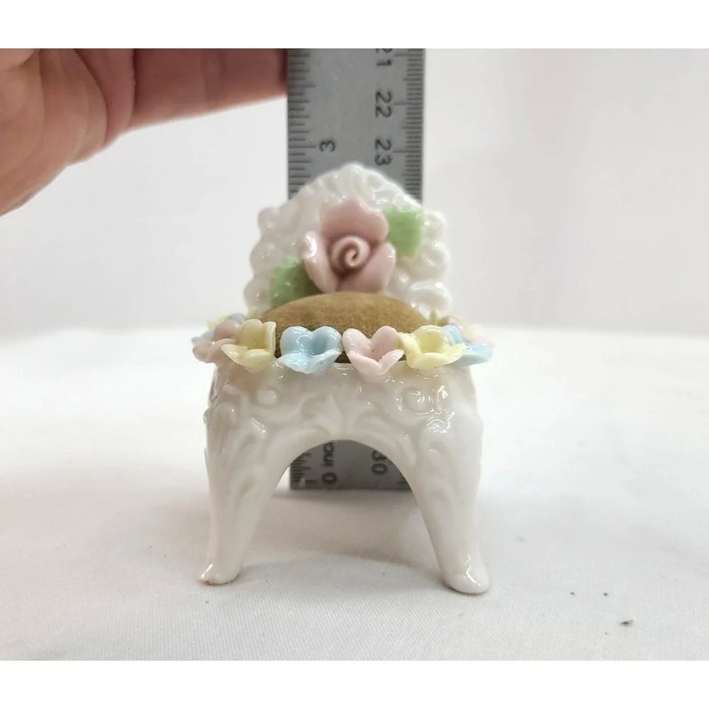 Pin Cushion Ardalt White Porcelain Chair Multi Colored Flowers Japan Vintage